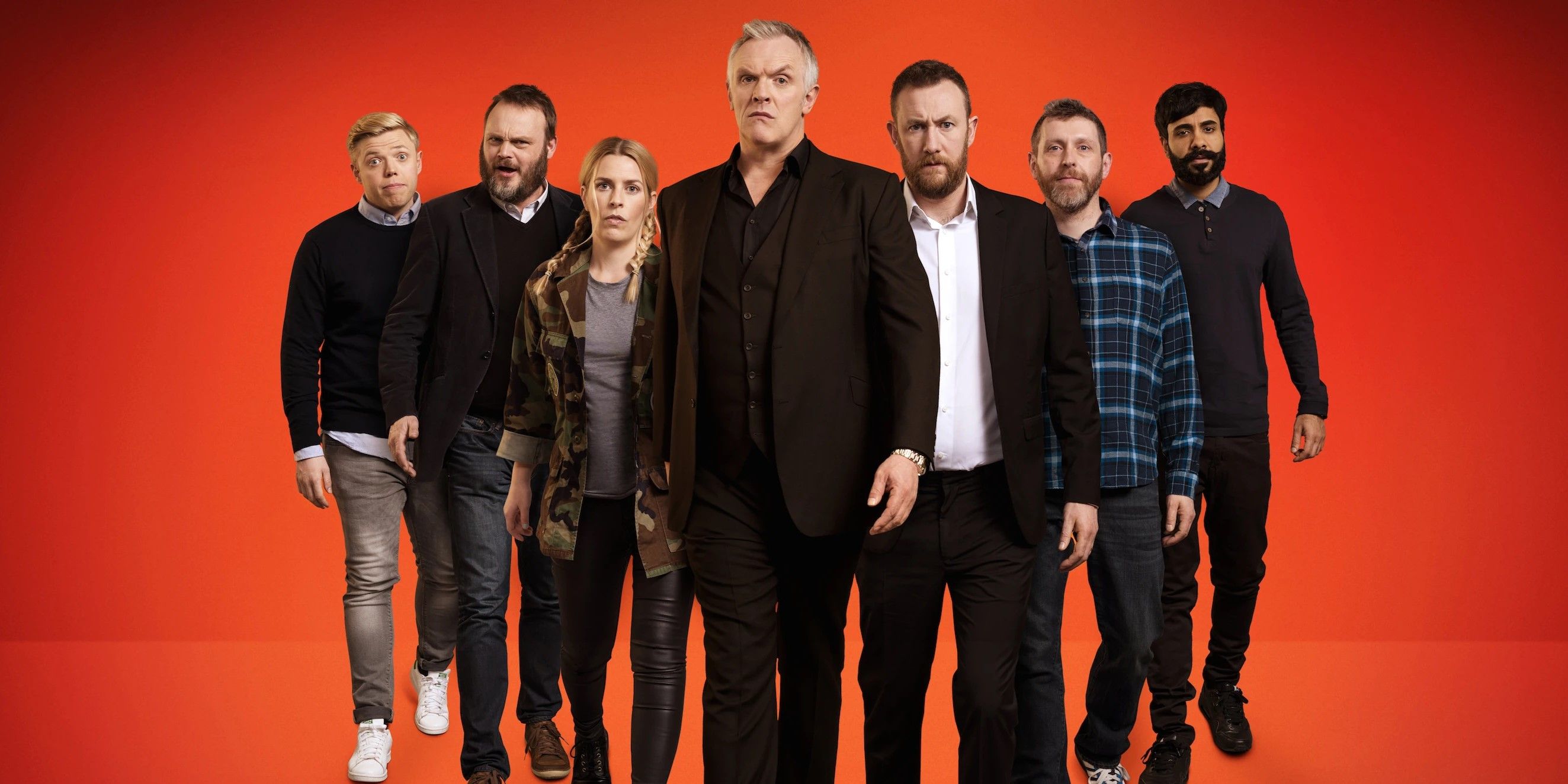 Taskmaster series 3 promo image of Al Murray, Dave Gorman, Paul Chowdhry, Rob Beckett and Sara Pascoe with hosts Greg Davies and Alex Horne