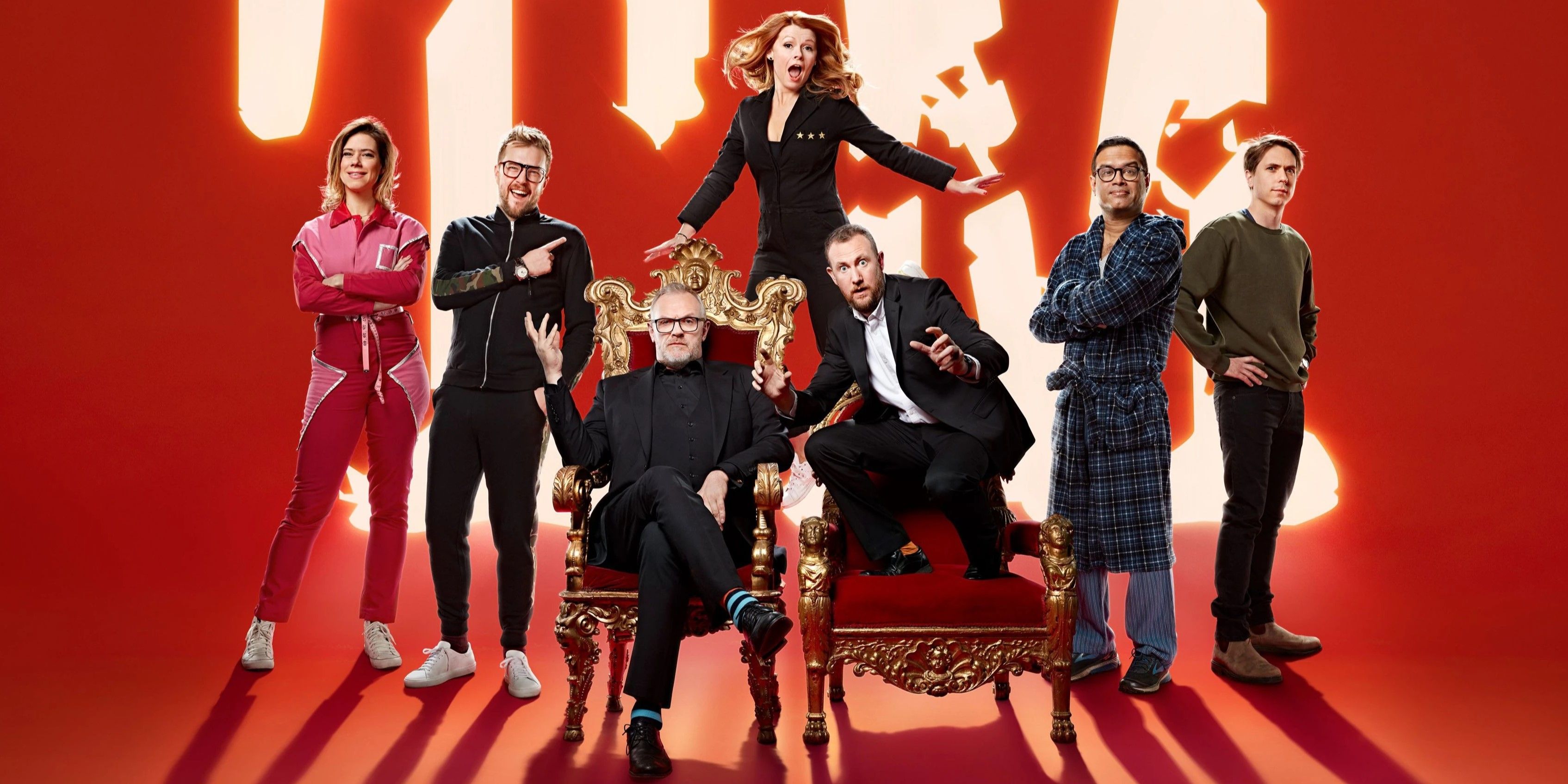 Promo image for Taskmaster series 8 of ?Iain Stirling, Joe Thomas, Lou Sanders, Paul Sinha and Sian Gibson with hosts Alex Horne and Greg Davies