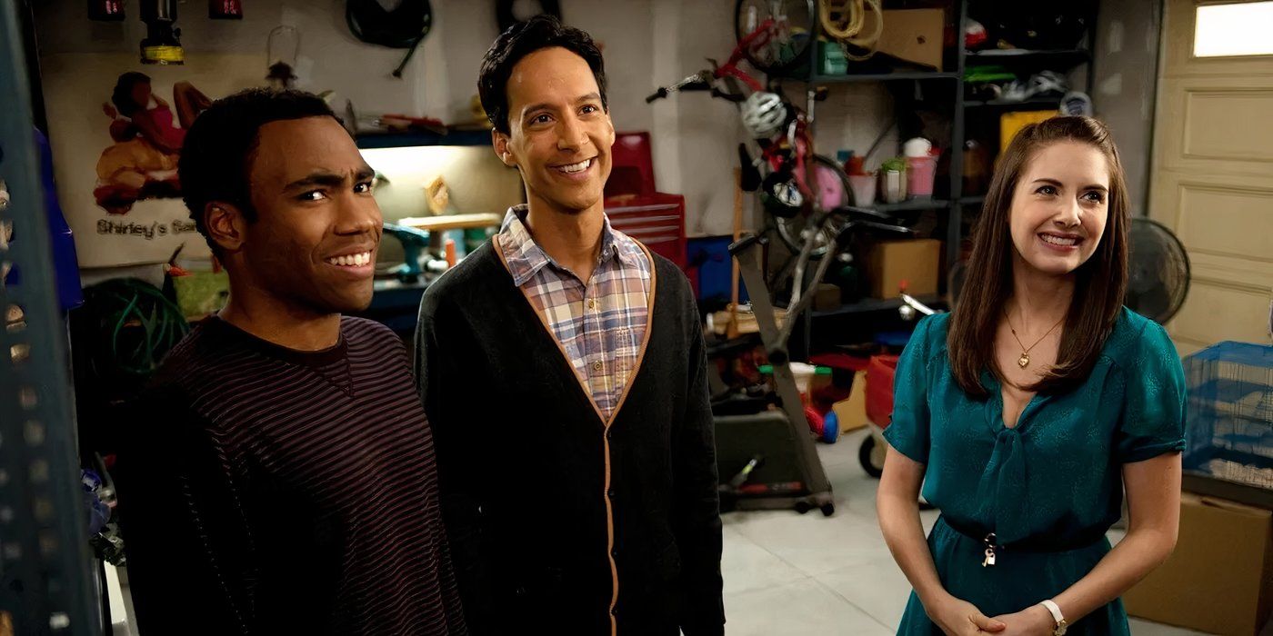 Troy, Abed, and Annie awkwardly stand in Shirley's garage in 'Community'