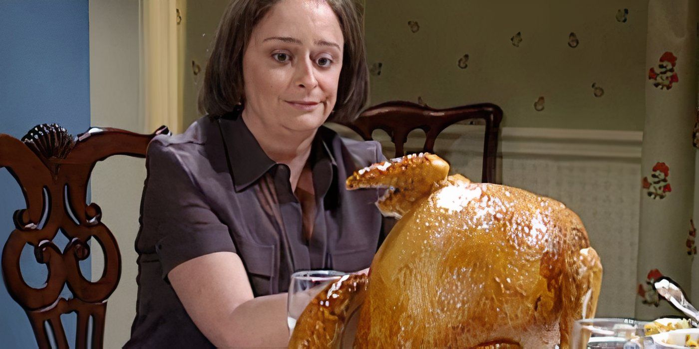 Debbie Downer looks disappointed at a Thanksgiving turkey on Saturday Night Live.