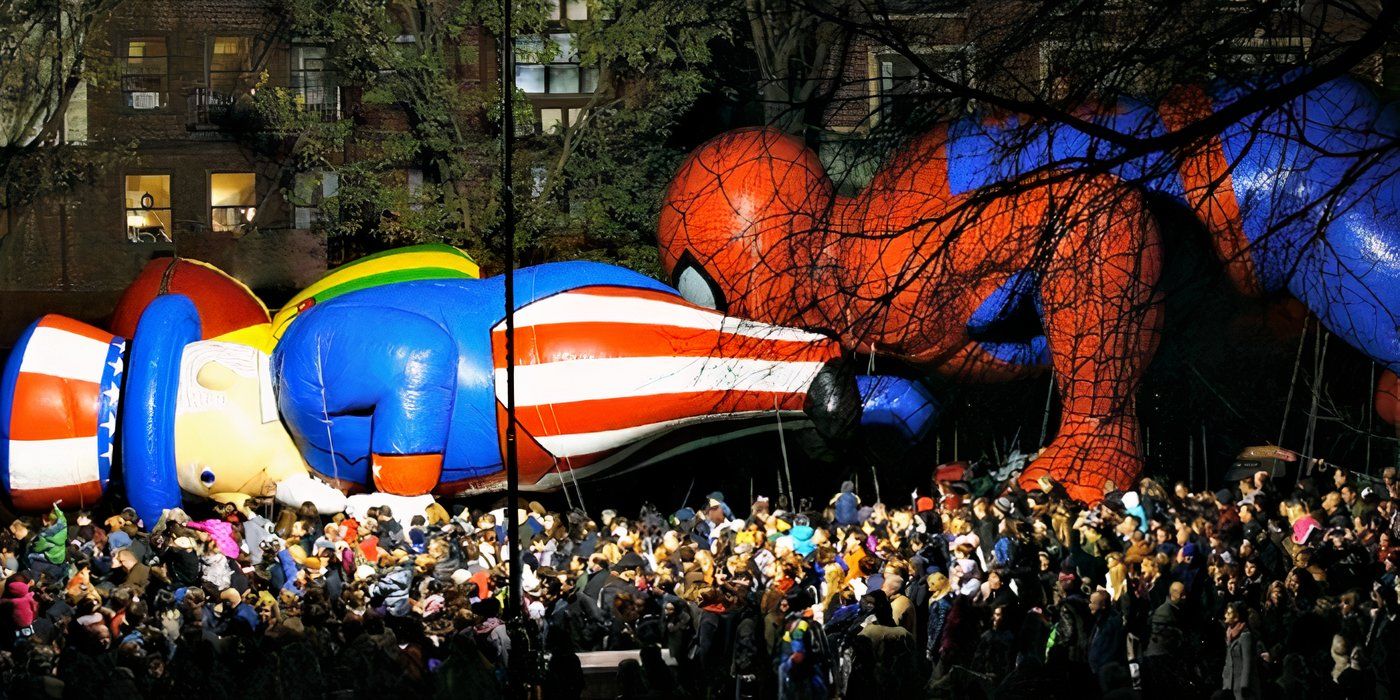 The Spiderman and Uncle Sam balloons in a suggestive position at the Macy&rsquo;s Thanksgiving Day Parade