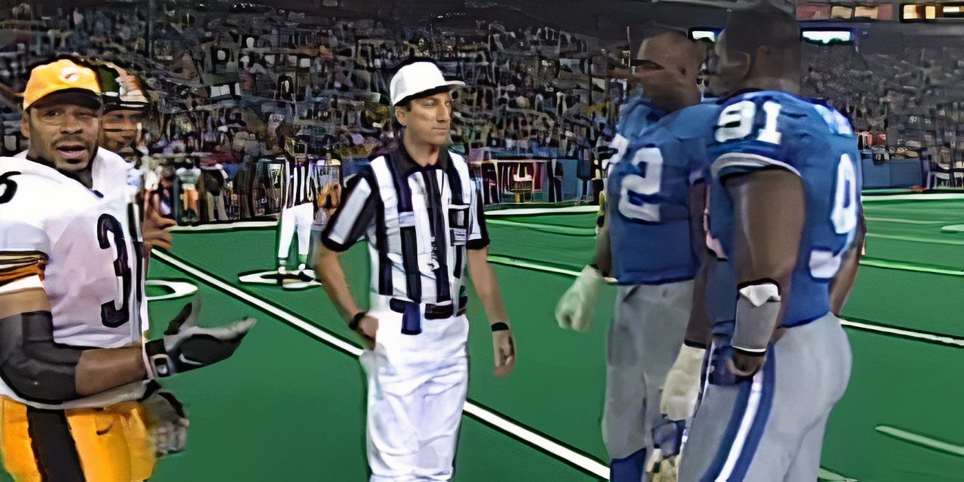 An umpire and players look tense during a coin toss in the 1998 Thanksgiving game between Steelers and Lions