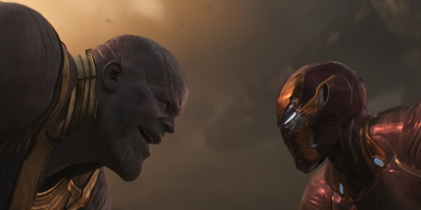 Thanos facing off with Iron Man in Avengers: Infinity War.