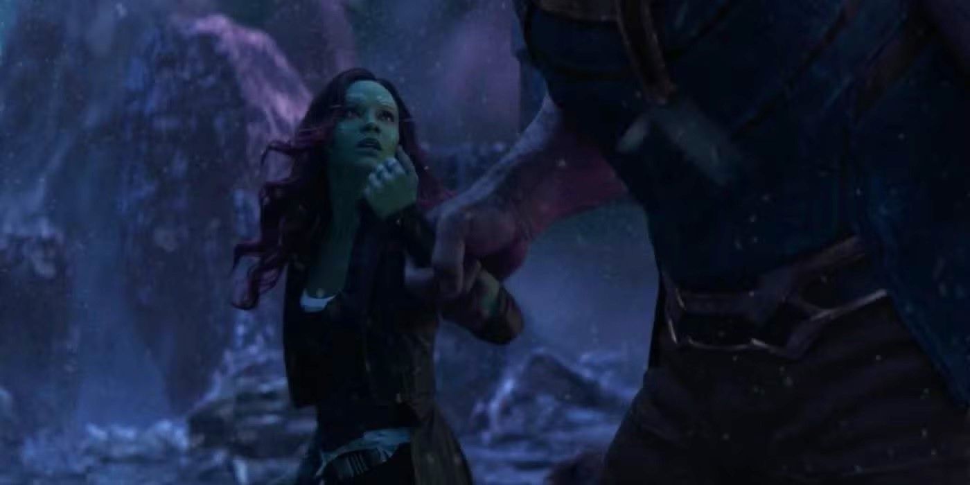 Thanos pulling Gamora by the arm, about to sacrifice her in Avengers: Infinity War.