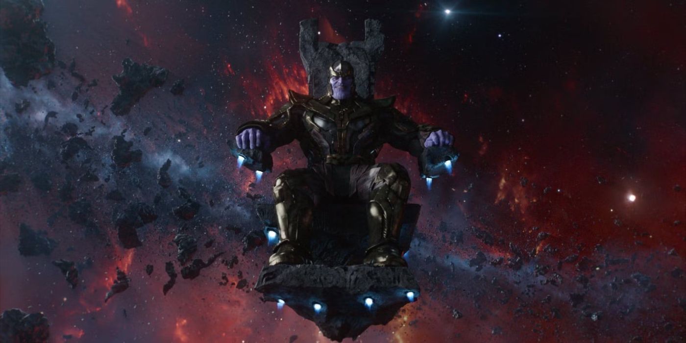 Thanos sitting on his throne in space in Guardians of the Galaxy