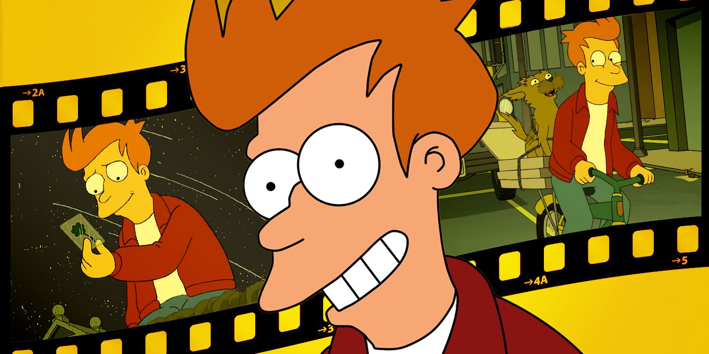 Philip J. Fry (Billy West) surrounded by moments from his best episodes in 'Futurama'