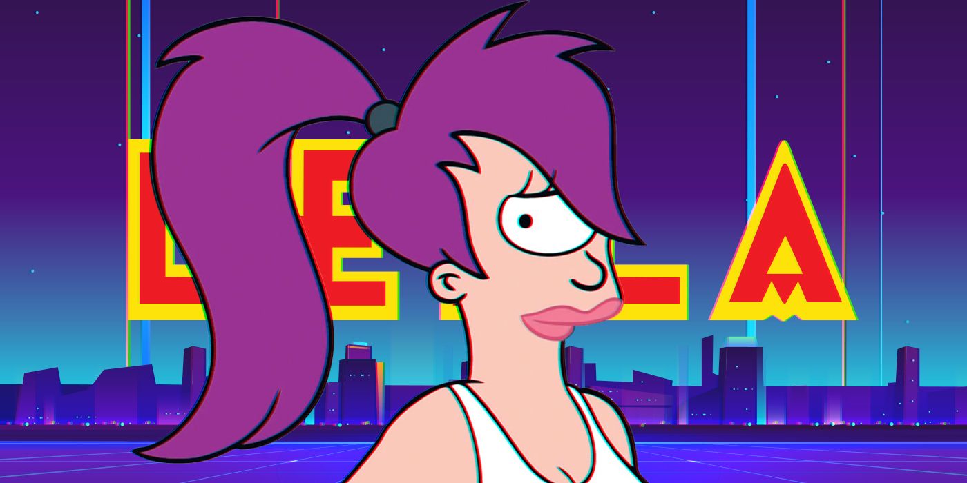 Turanga Leela (Katey Sagal) with her name behind her as one of the main characters of 'Futurama'