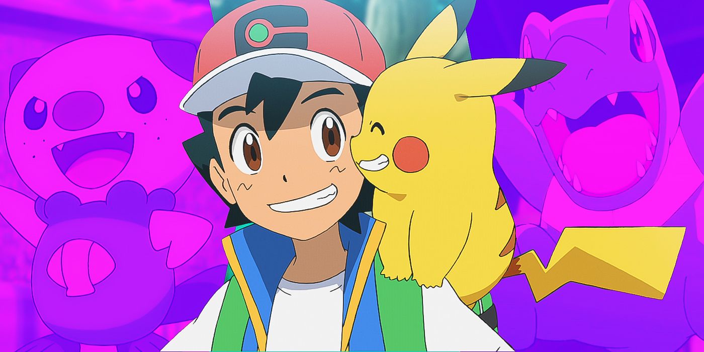 Blended image showing Oshawott, Ash with Pikachu, and Totodile in the Pokémon anime.