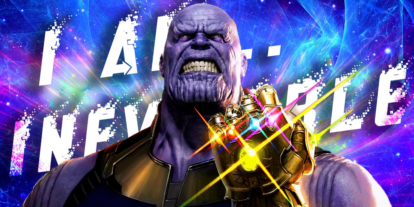 Blended image showing Thanos with one of his quotes on the background.