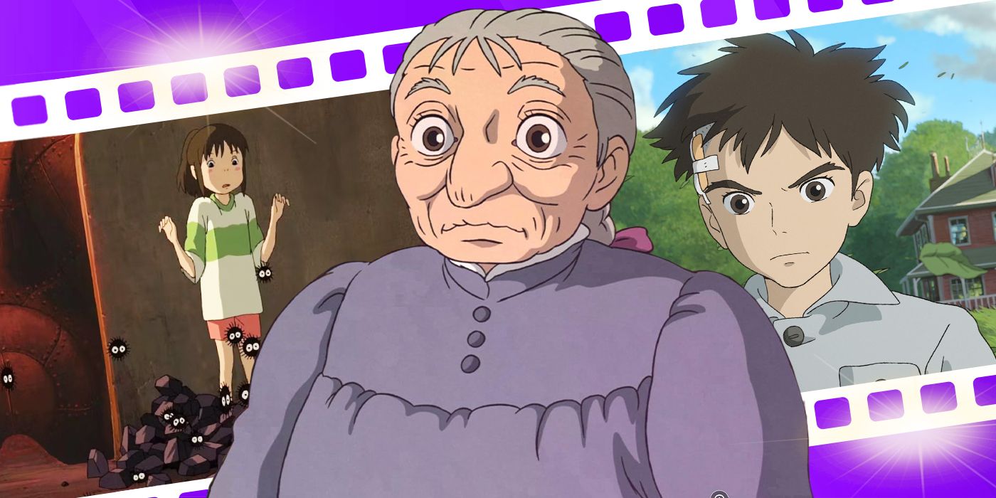 Blended image showing characters from Spirited Away, Howl's Moving Castle, and The Boy and the Heron