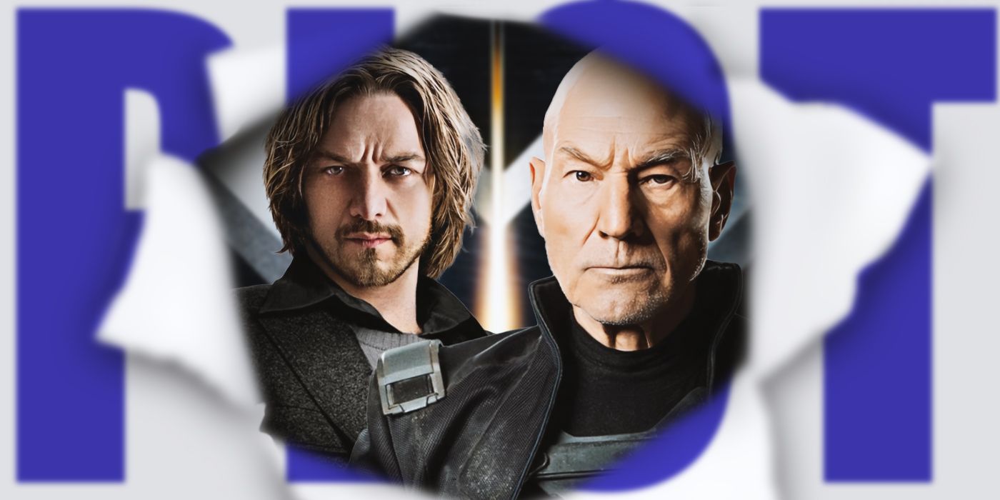 Blended image showing young and old Charles Xavier through a hole in a banner that says NOT