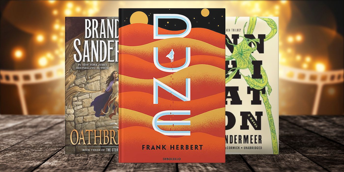 Blended image showing three novels with a film roll in the background.