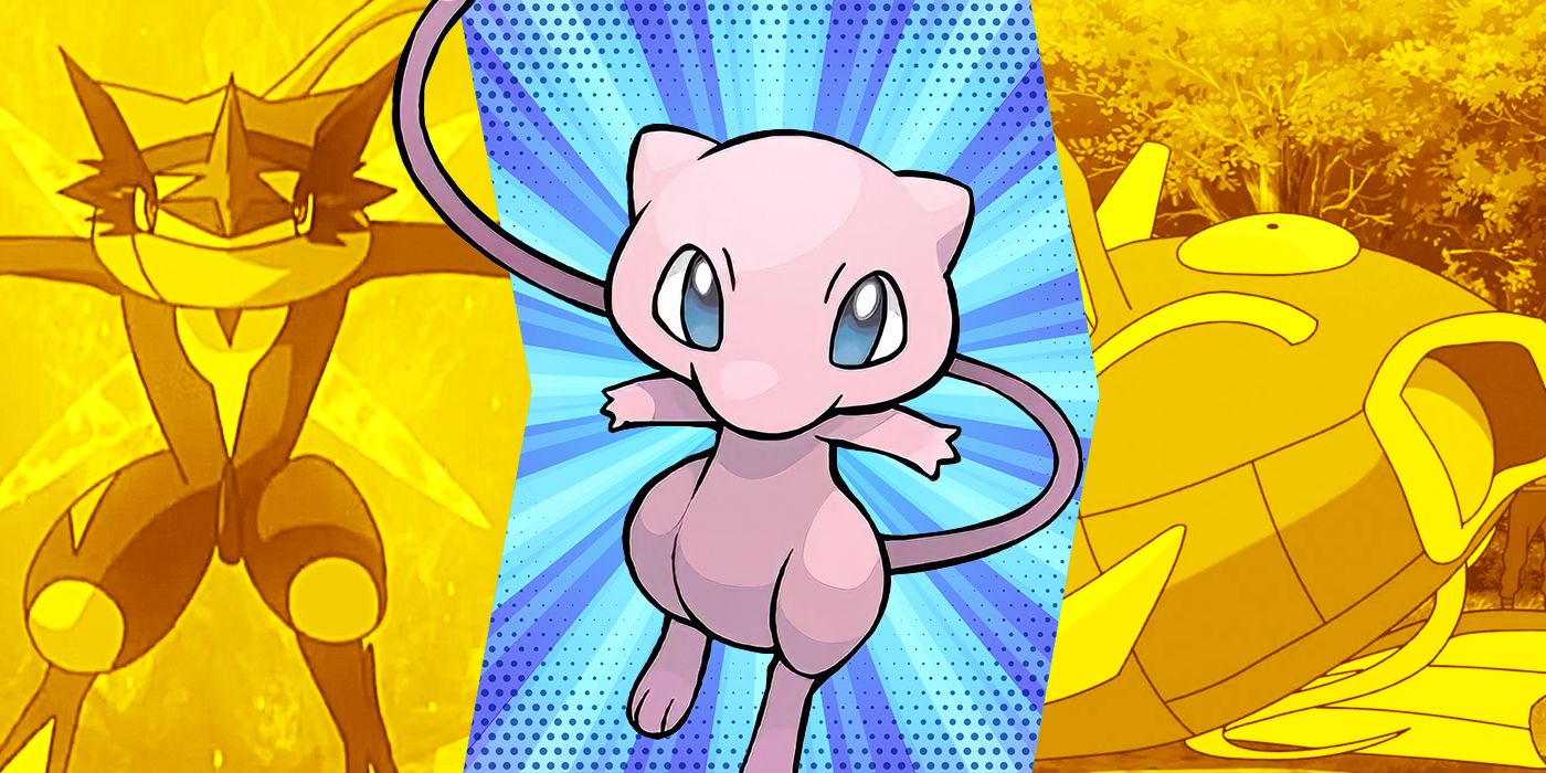 Blended image showing Ash Greninja, Mew, and Magikarp in the Pokémon anime