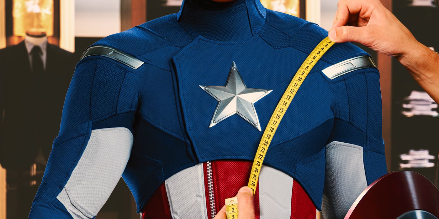 Blended image showing Captain America's suit with a tape measurer measuring it.