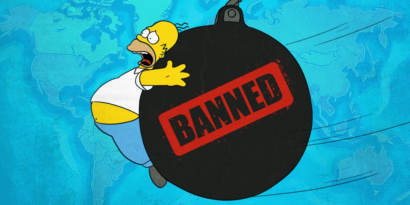 Homer Simpson being hit by a wrecking ball with the word Banned on the ball