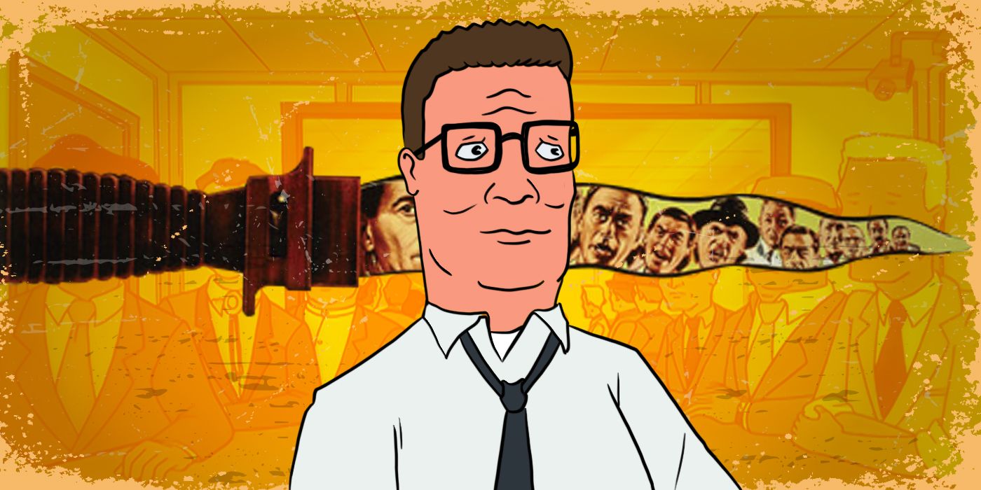 King of the Hill&rsquo;s Hank Hill with a dagger filed with 12 Angry men inside of it