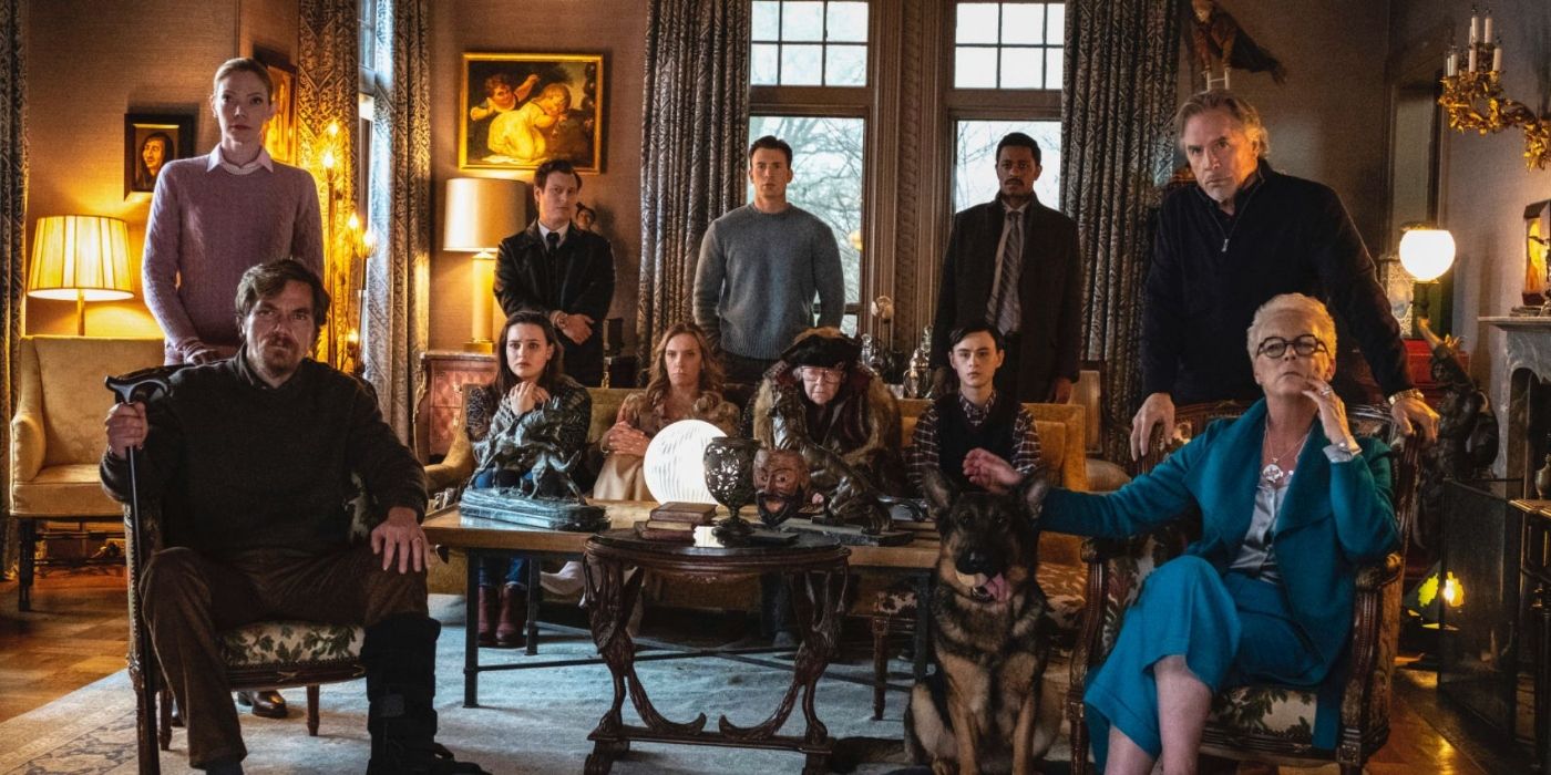 The cast of Knives Out sitting in the drawing room