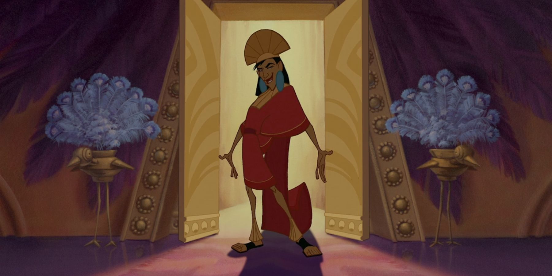 Kuzco, voiced by David Spade, poses in a doorway after bursting through in &lsquo;The Emperor&rsquo;s New Groove&rsquo;.