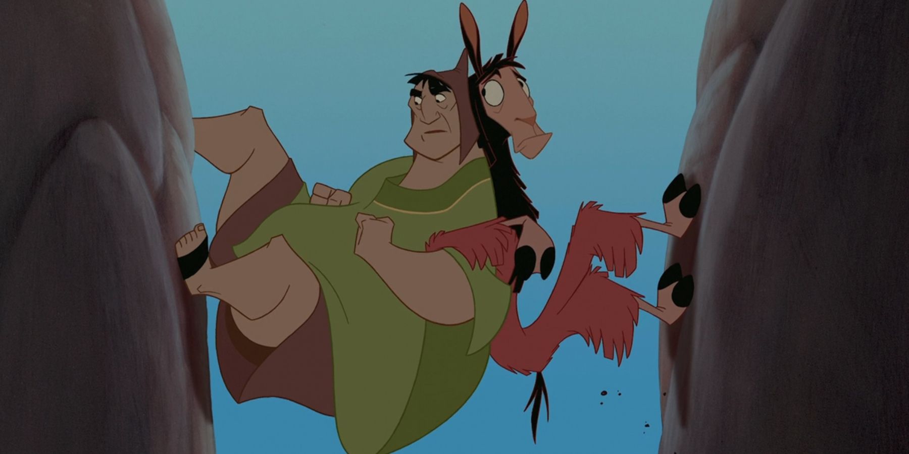 Pacha and Kuzco, as a llama, scale a wall while back-to-back in &lsquo;The Emperor&rsquo;s New Groove&rsquo;.