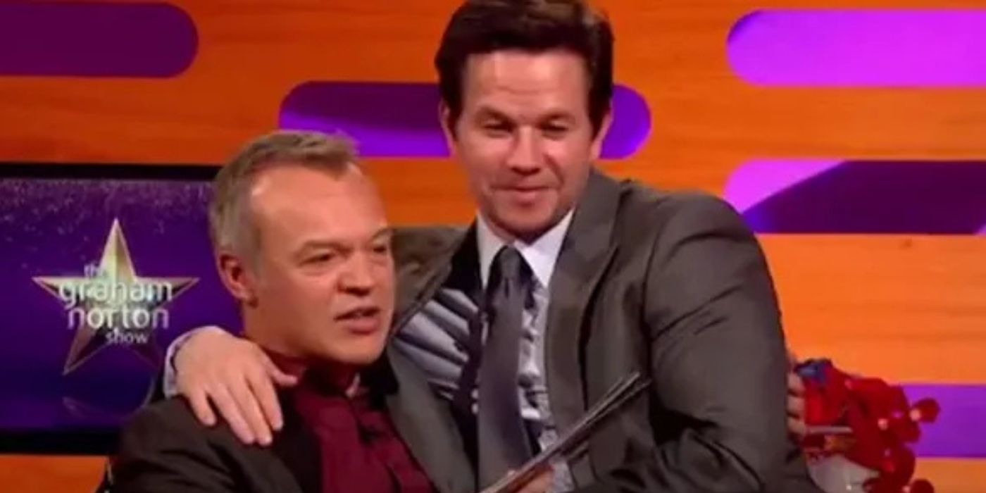 Mark Wahlberg sits on Graham Norton&rsquo;s lap during an appearance on &lsquo;The Graham Norton Show.'