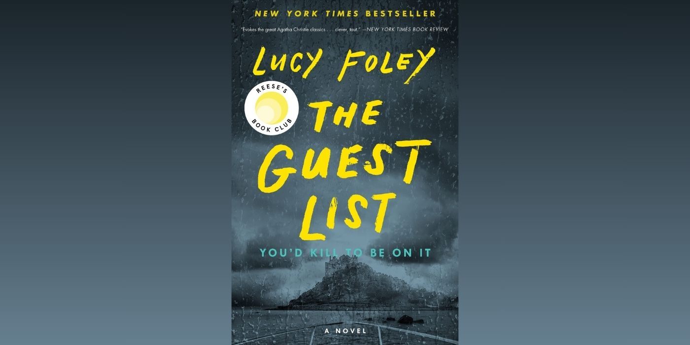 The cover of The Guest List by Lucy Foley, which depicts a point of view from a boat approaching a dark and menacing island during a storm