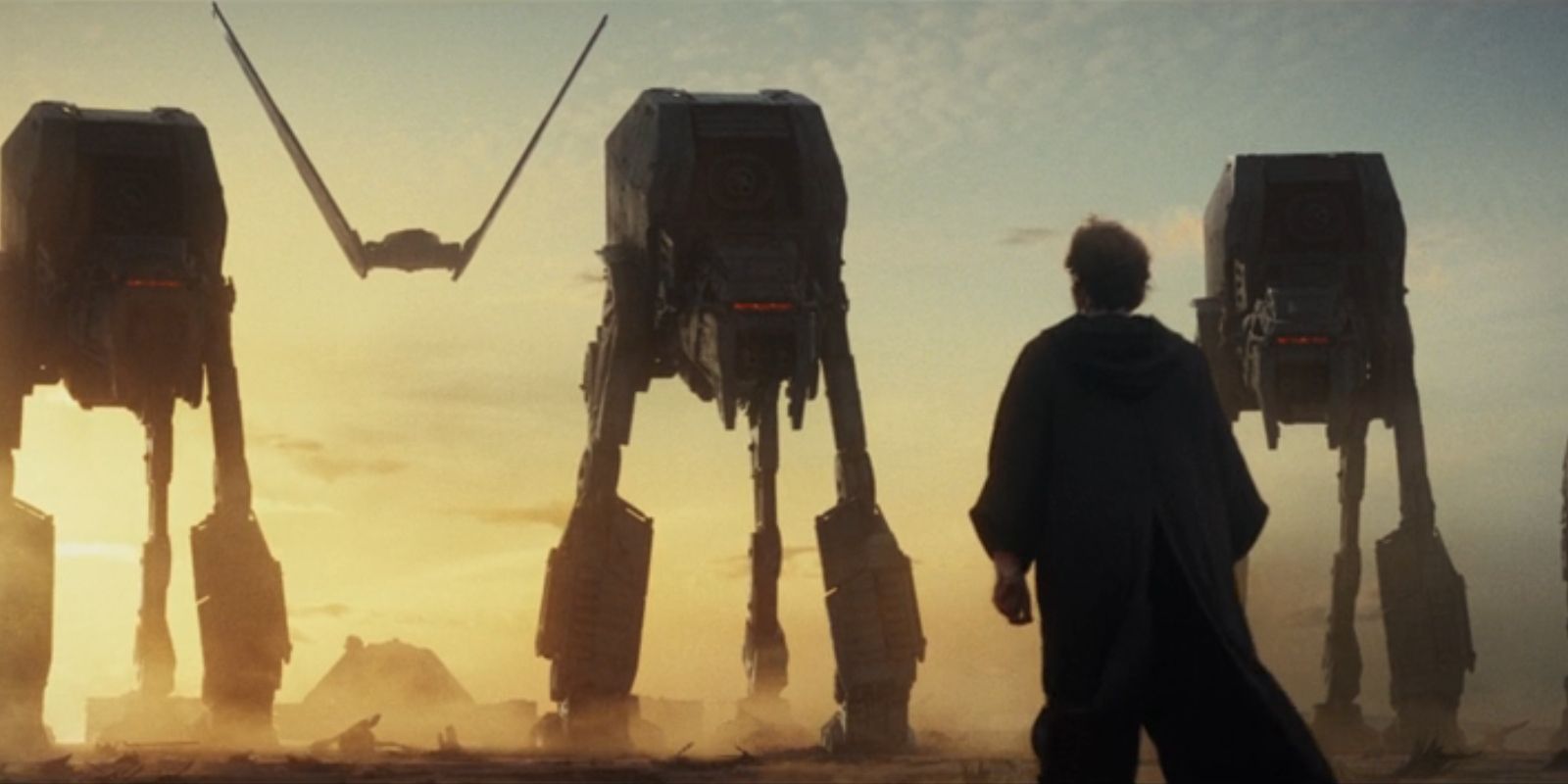 Luke Skywalker faces down walkers and a ship from the First Order in 'Star Wars: Episode VIII – The Last Jedi'.