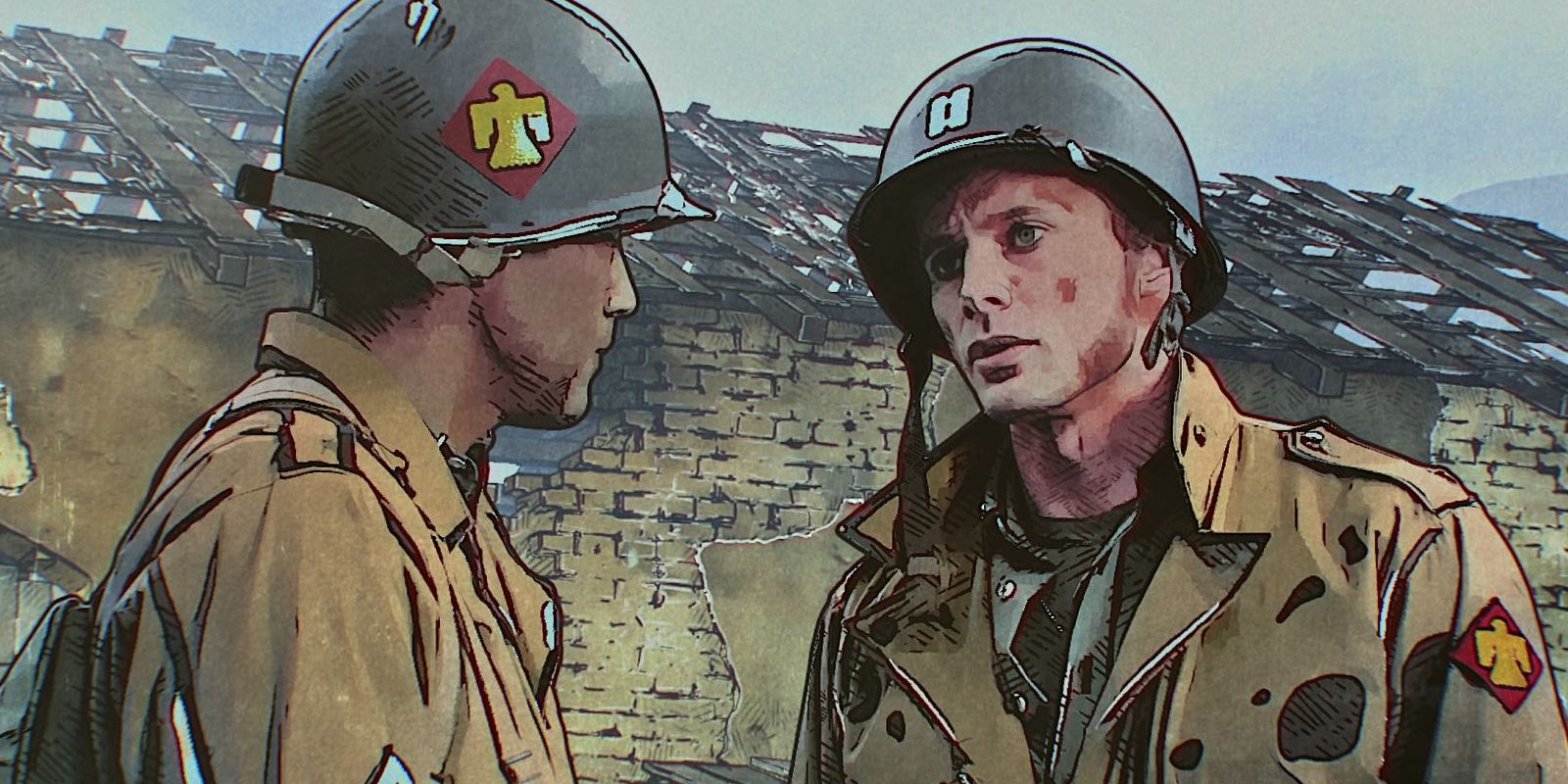 Two American soldiers stand by a ruined brick building having a discussion in 'The Liberator' (2020).