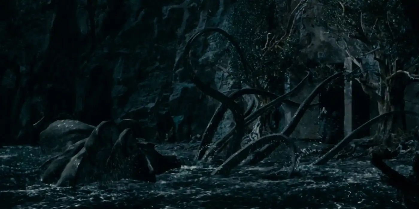 The Watcher in the Water attacks outside of Moria in The Lord of the Rings: The Fellowship of the Ring.