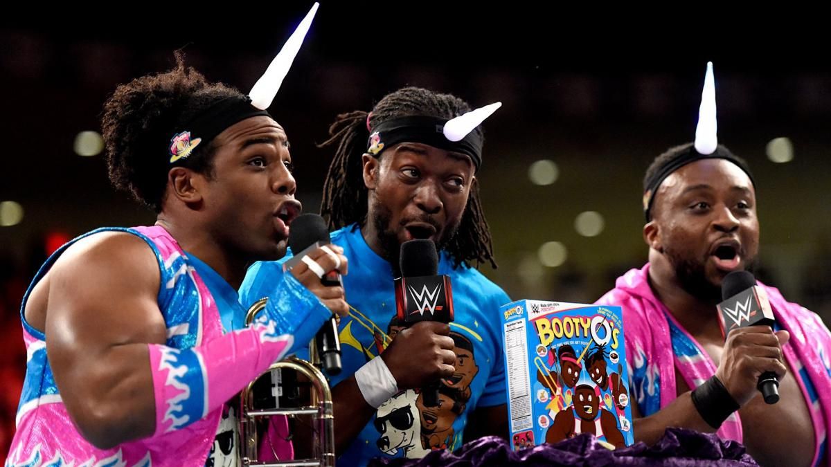An image of WWE&rsquo;s New Day, featuring Kofi Kingston, Xavier Woods and Big E