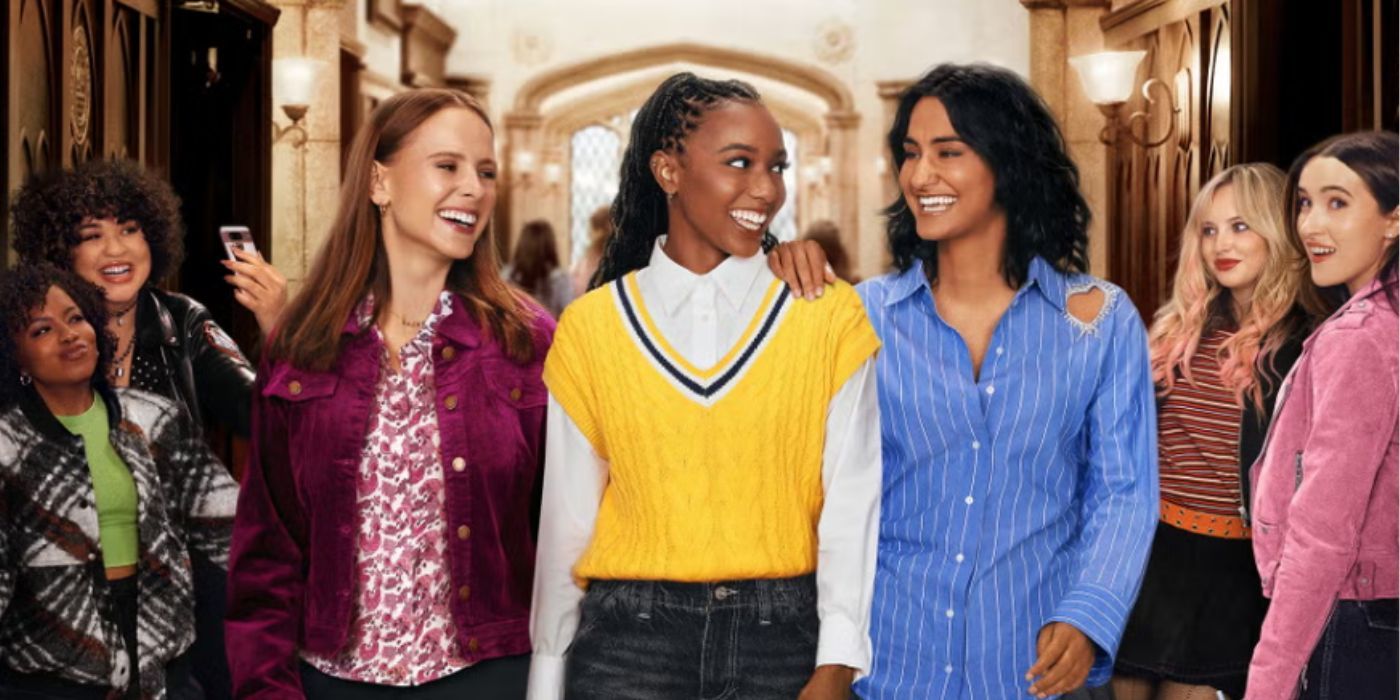 Pauline Chalamet, Amrit Kaur, and Alyah Chanelle Scott in 'The Sex Lives of College Girls' Season 3 poster. 