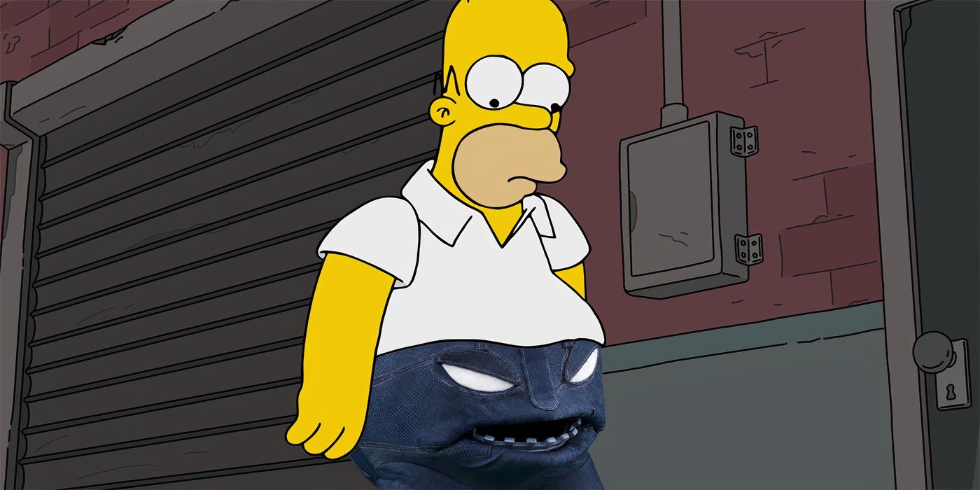 Homer looking disappointed at his denim jeans, which has a face on it with white eyes and a wide mouth in The Simpsons