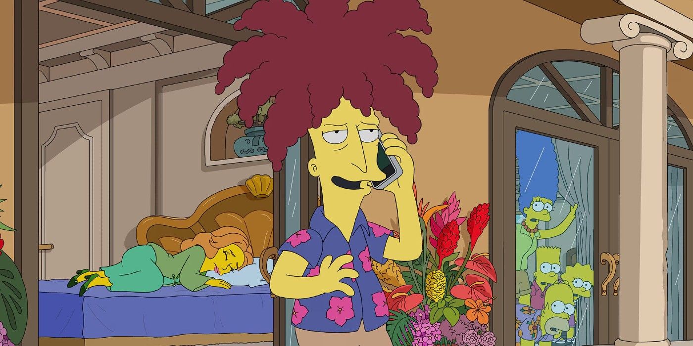 Sideshow Bob on a phone with a sleeping woman and the Simpsons family behind him in 'The Simpsons' episode "The Yellow Lotus"