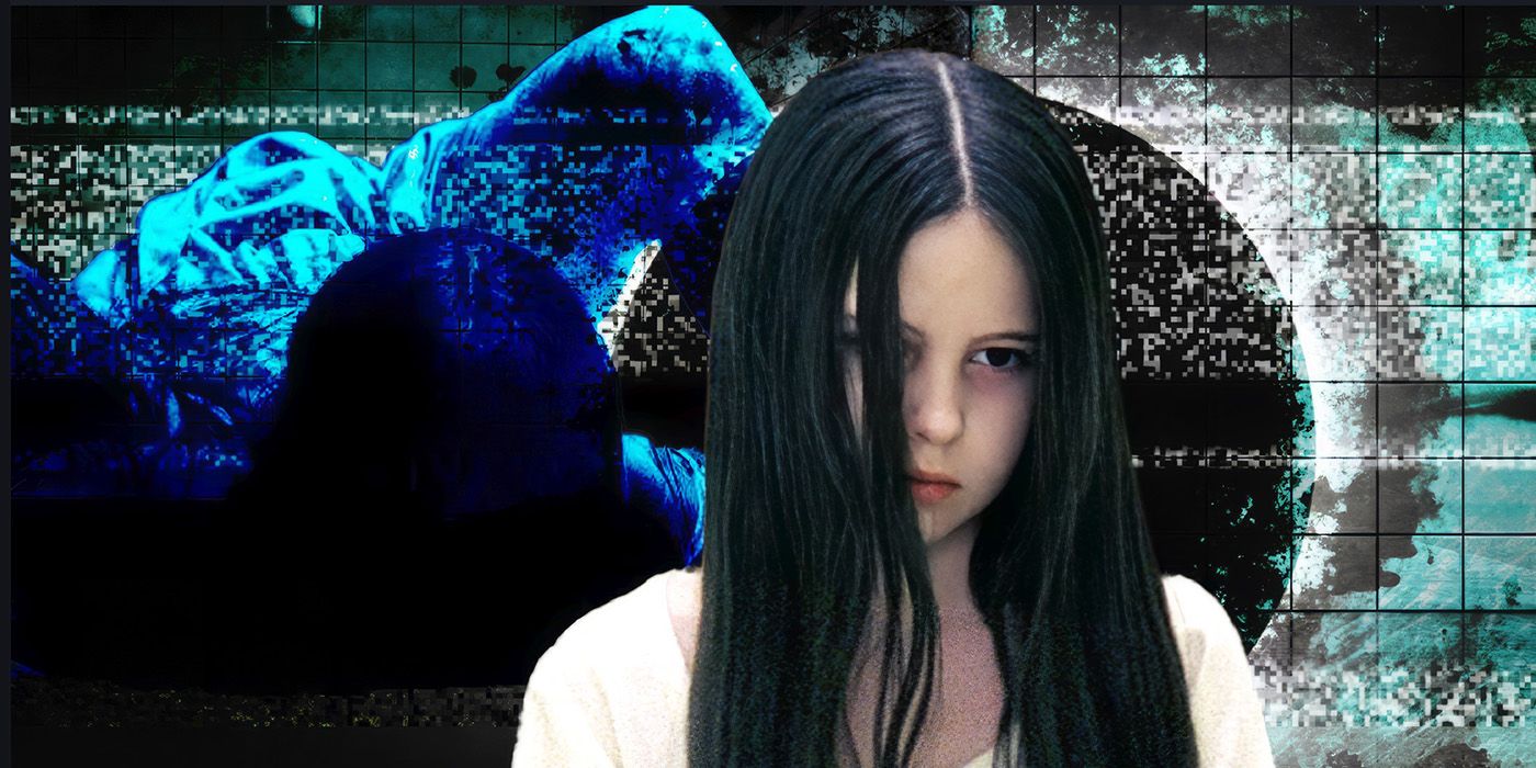 Samara, played by actor Daveigh Chase, with her hair falling over her face, in front of a static background.