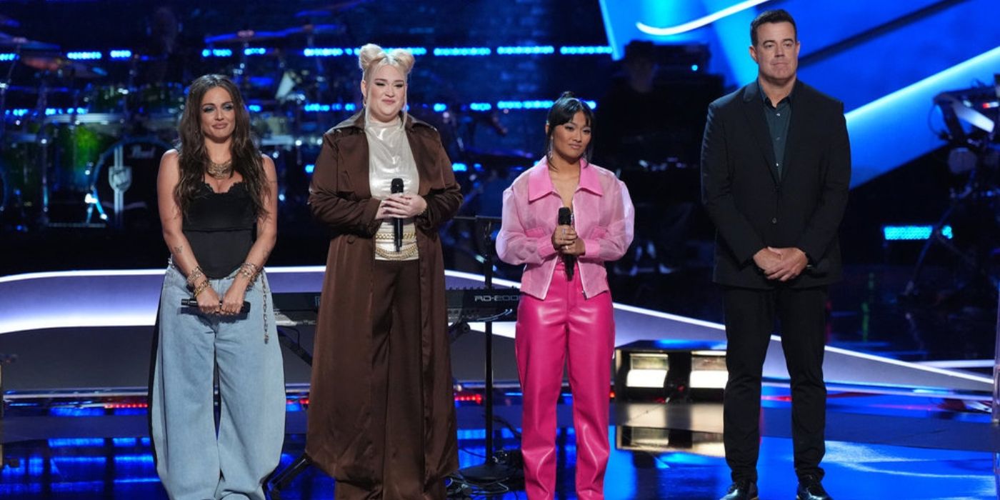 Gabrielle Zabosky, Felsmere, and Kay Sibal await their fate with Carson Daly on 'The Voice' Season 26.