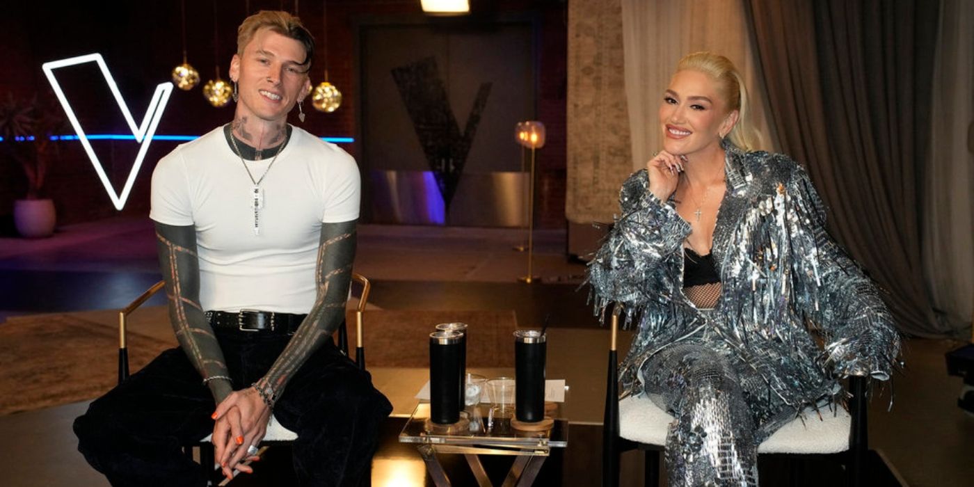 Machine Gun Kelly and Gwen Stefani smile during the coaching session for 'The Voice' Season 26 Playoffs.