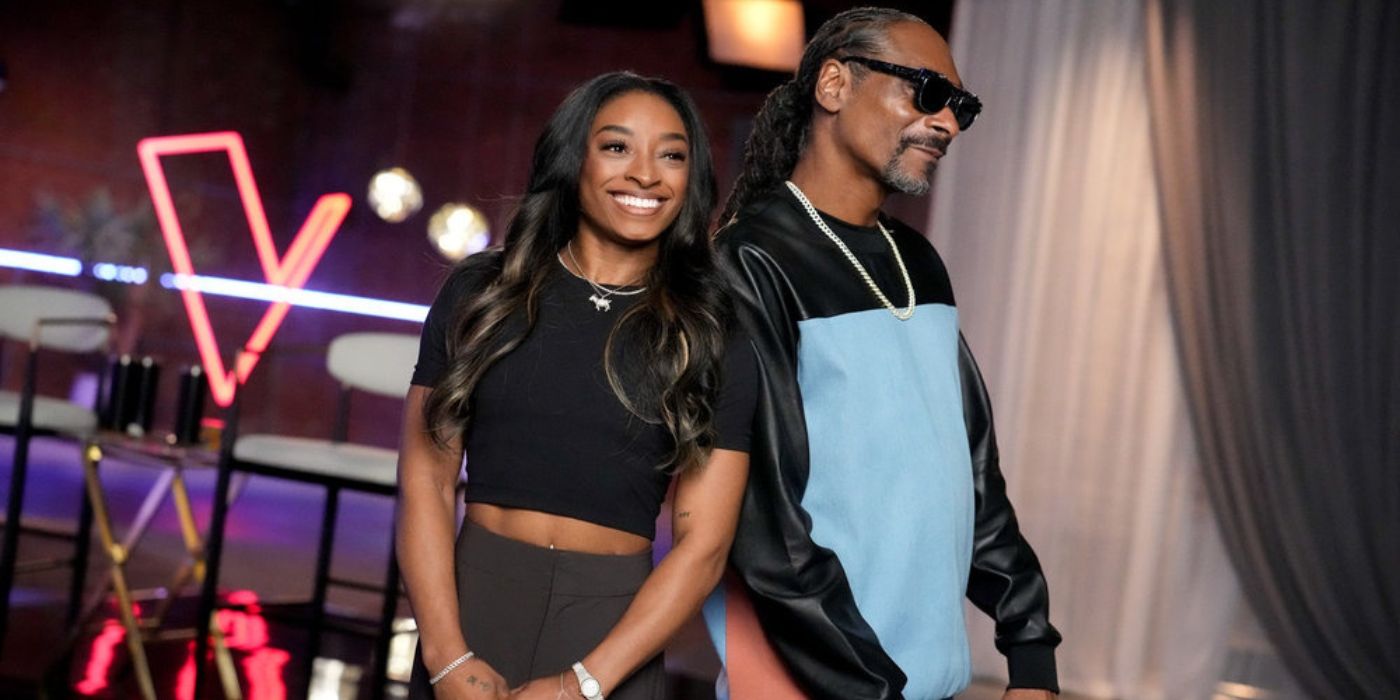 Simone Biles and Snoop Dogg pose during the coaching session on 'The Voice' Season 26.