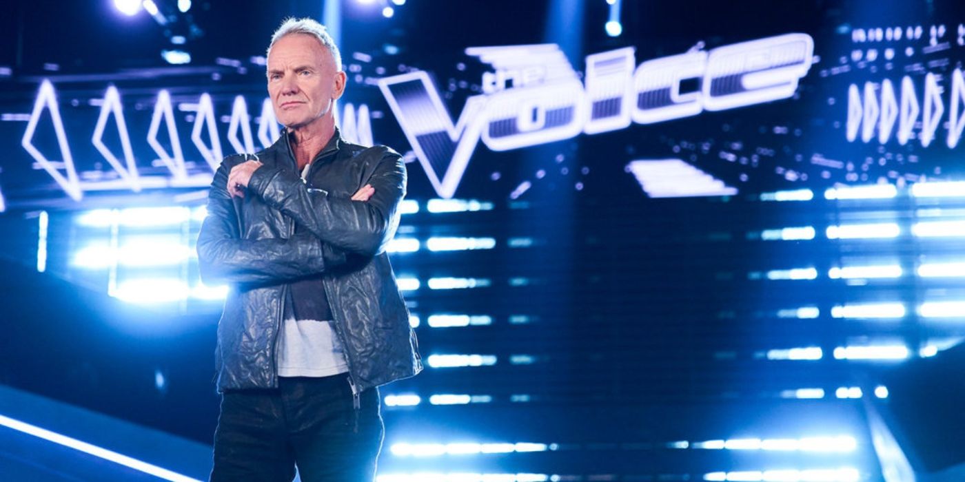 Sting poses in front of 'The Voice' logo.