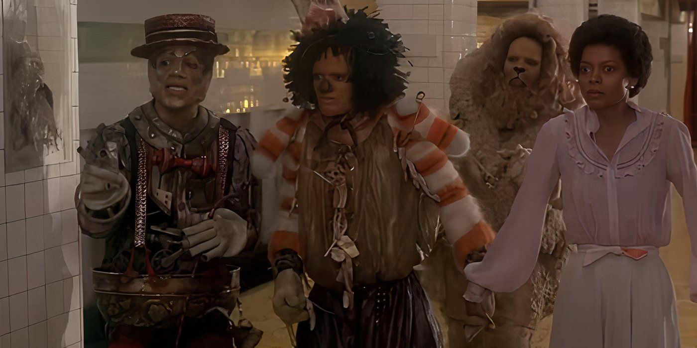 The Tin Man (Nipsey Russell), Scarecrow (Michael Jackson), Lion (Ted Ross), and Dorothy (Diana Ross) try not to panic in the subway in 'The Wiz' (1978).