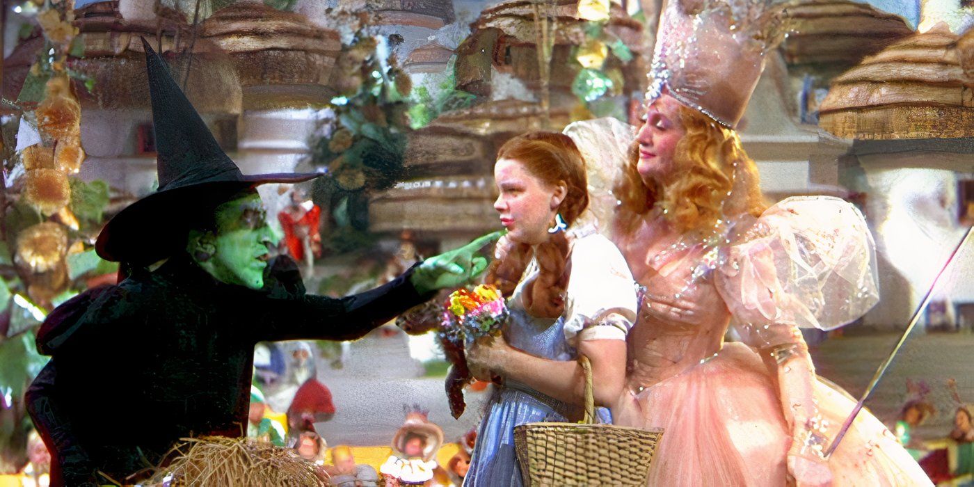 The Wicked Witch of the West threatens Dorothy in front of Glinda in 'The Wizard of Oz.'