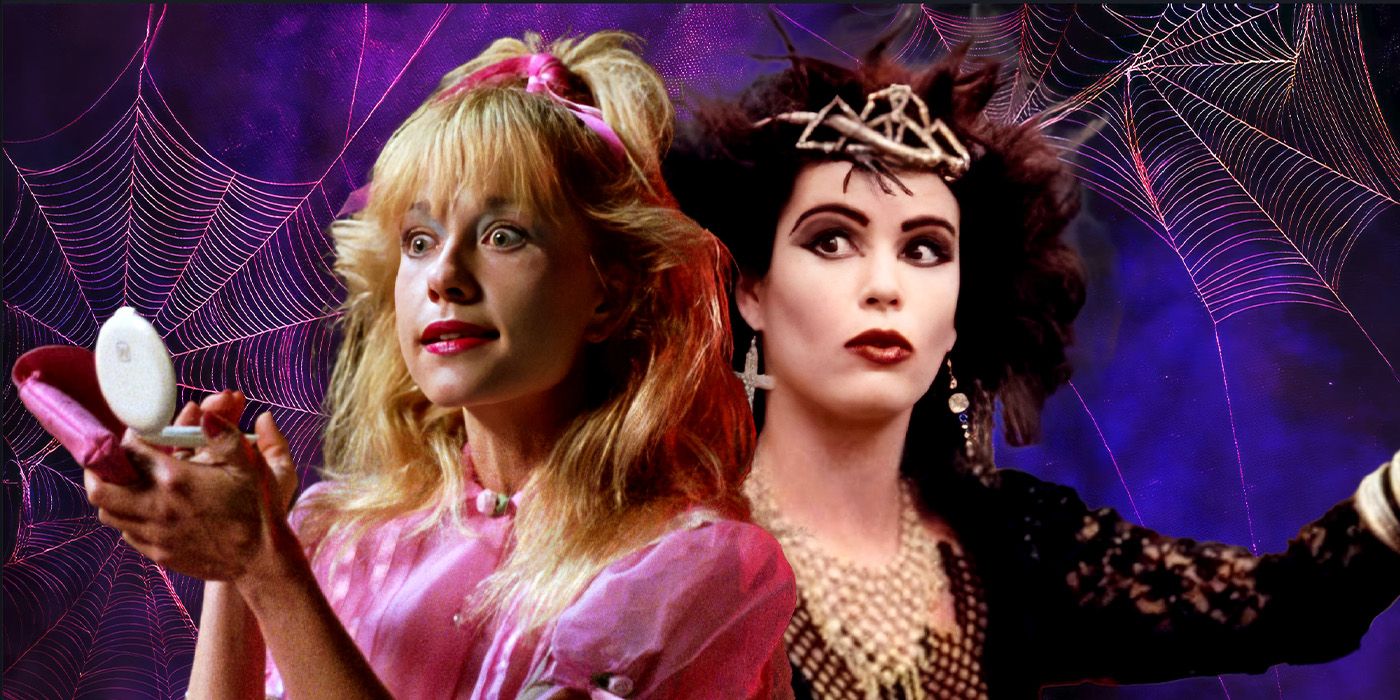 Suzanne, played by actor Linnea Quigley, stands holding a compact next to Angela, played by actor Amelia Kinkade in front of a background of cobwebs.