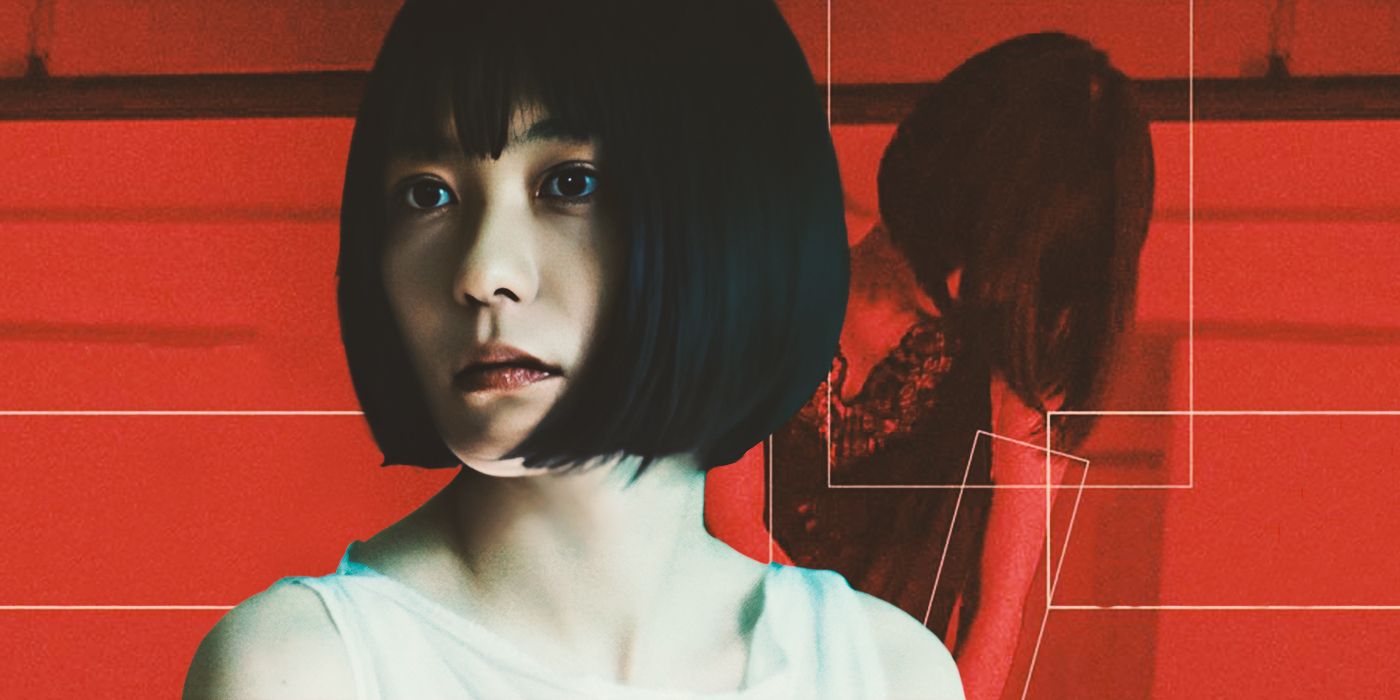 Miyabi, played by actor Kaho Seto, in front of a geometric red backdrop.