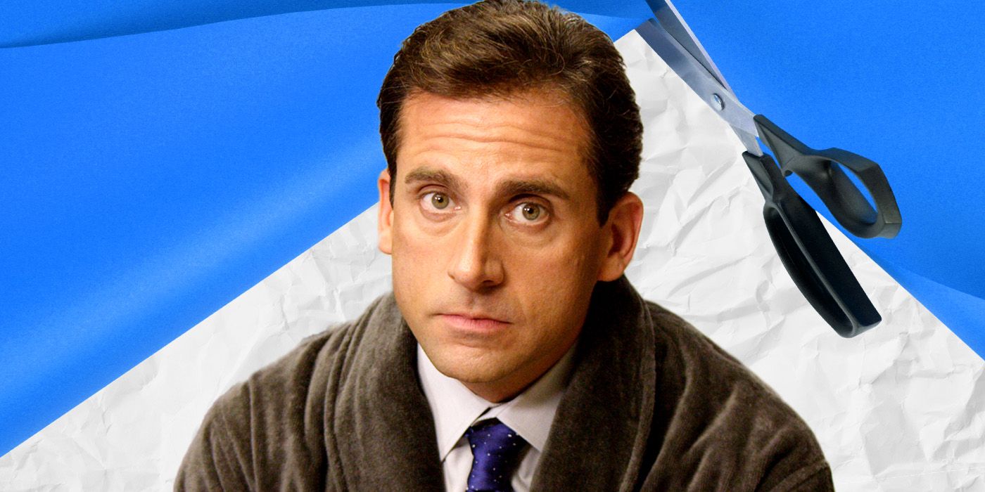 Michael Scott staring blankly at the camera with a scissor cutting paper behind him