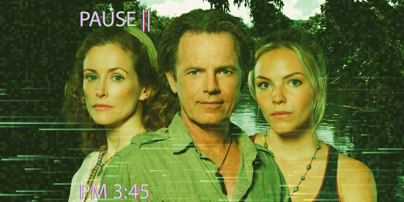 The Cast of the River infront of swamp land with the recording pause frame around them