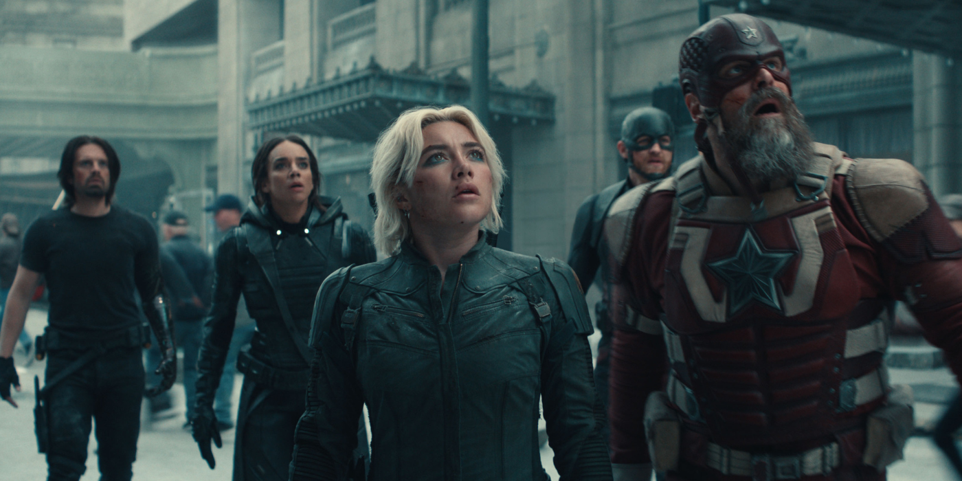 Thunderbolts* members standing looking up at something