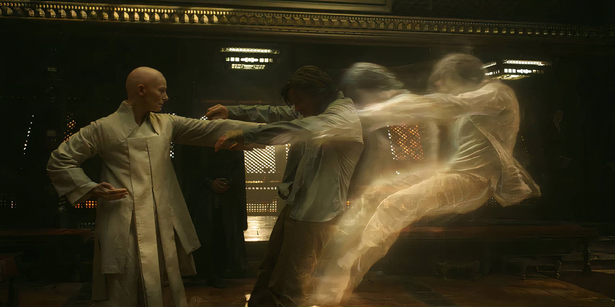 Tilda Swinton as the Ancient One astral projecting Benedict Cumberbatch as Dr. Strange in Doctor Strange