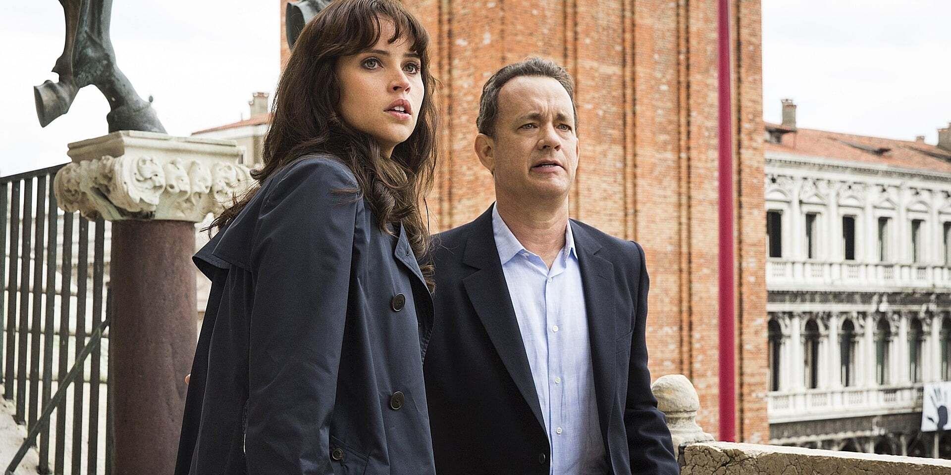 Tom Hanks as Robert Langdon and Felicity Jones as Sienna Brooks in 'Inferno'