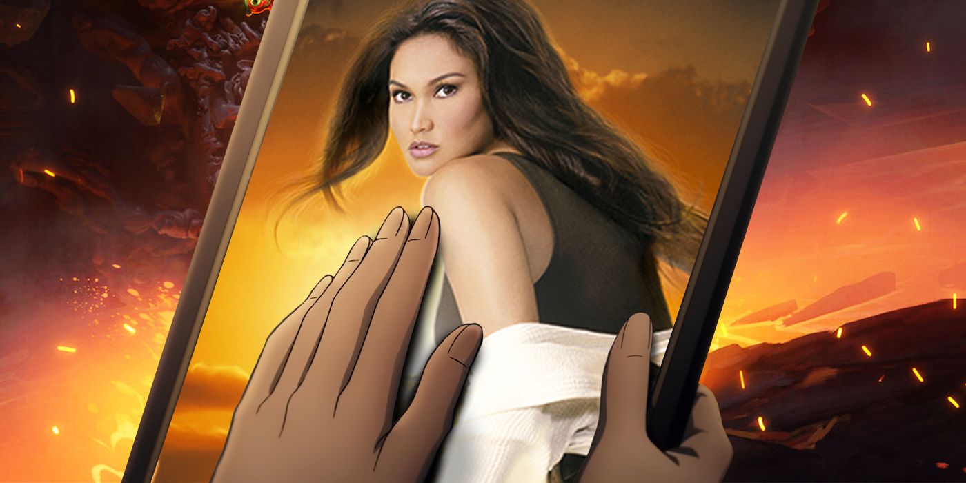 Custom image of animated hands holding a framed photo of Sydney Fox from Relic Hunter