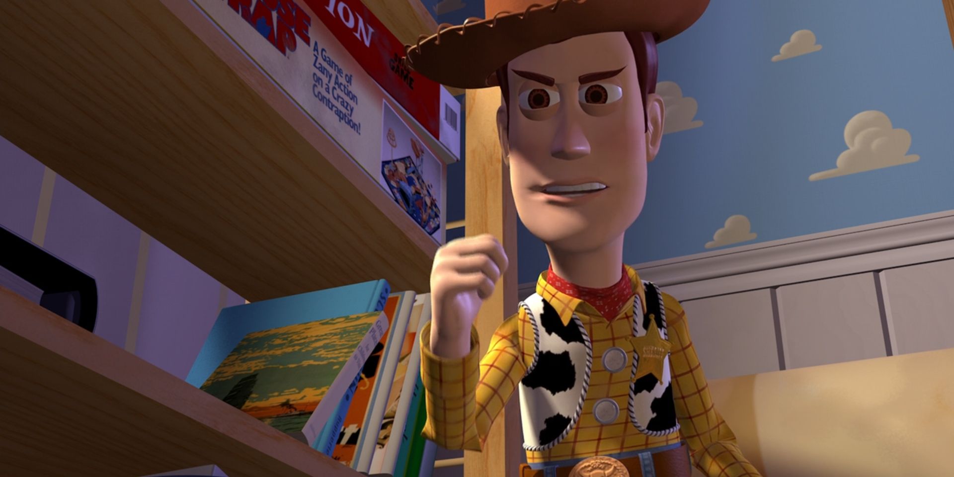 Woody, voiced by Tom Hanks, angrily points to himself in 'Toy Story'.