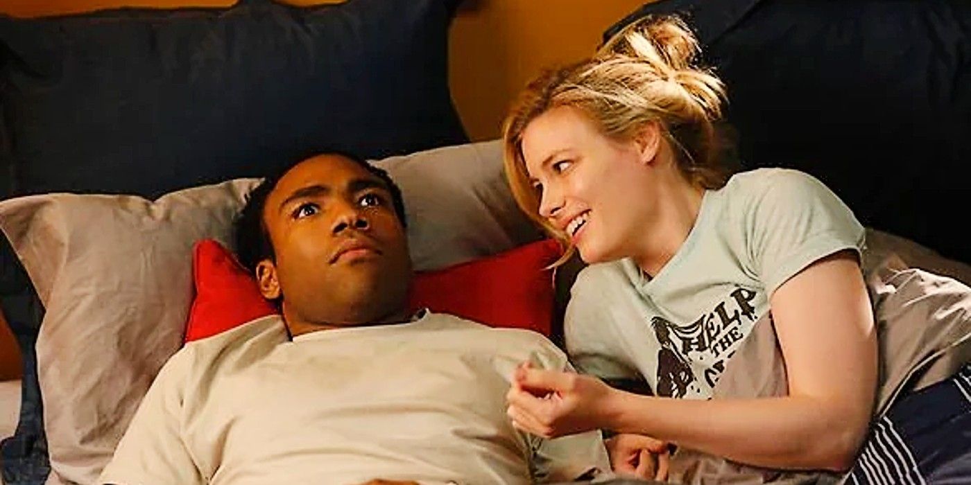 Troy and Britta lying in bed together in Community Season 4