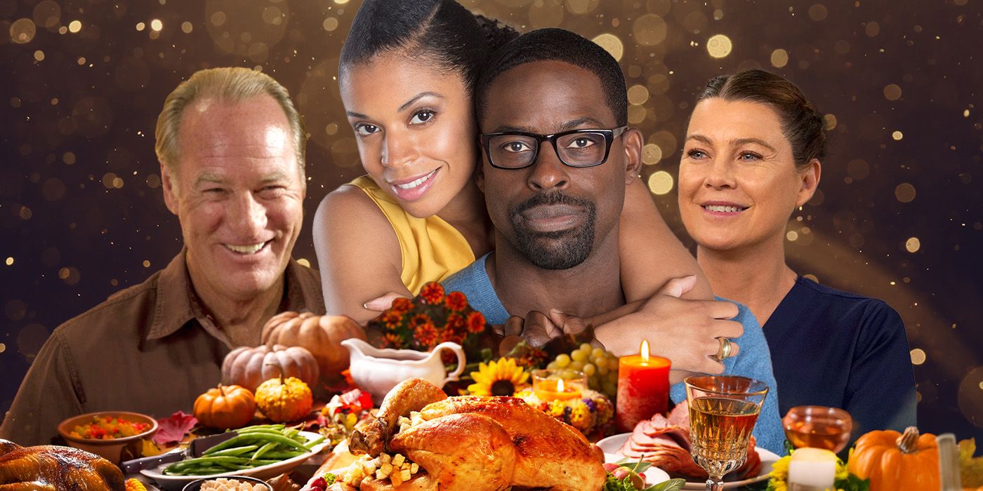Characters from Parenthood, This Is Us, and Grey&rsquo;s Anatomy together in front of a Thanksgiving table